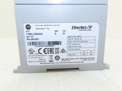 Allen Bradley 1766-L32AWA MicroLogix 1400 Controller Module 32 Pt Ser C FW 21