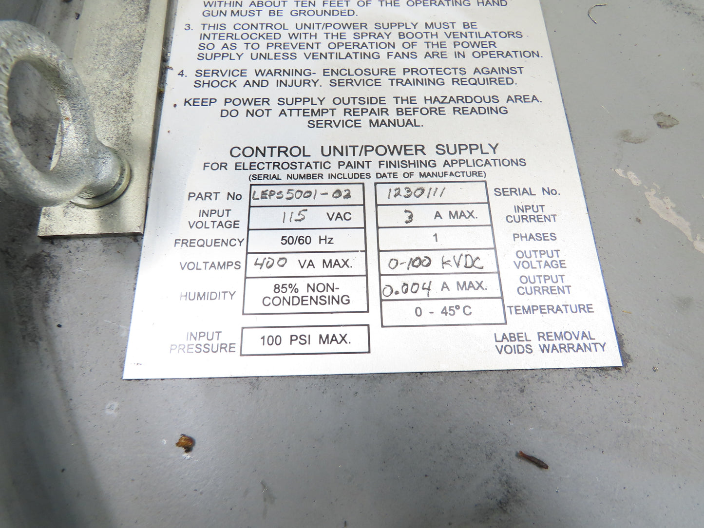 ITW Ransburg LEPS5001-02 Electrostatic Static Power Supply 100kvdc Paint Finish