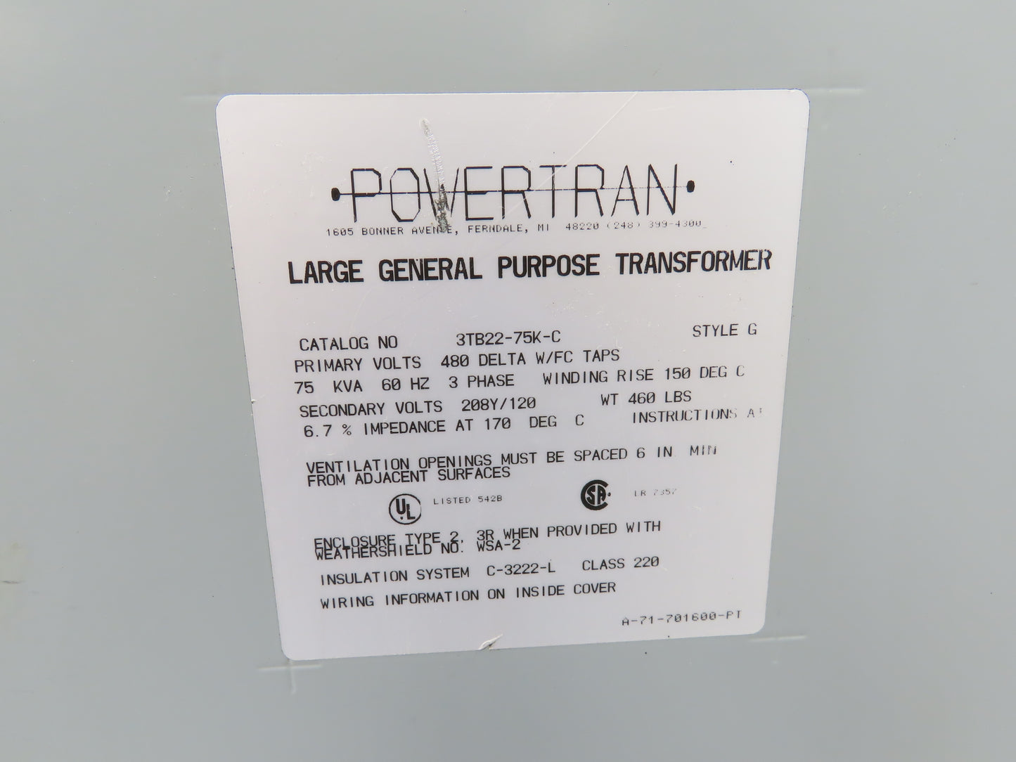 Powertran 3TB22-75K-C Stepdown Power Transformer 75kva 3Ph HV 480 LV 208Y/120