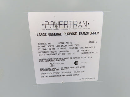 Powertran 3TB22-75K-C Stepdown Power Transformer 75kva 3Ph HV 480 LV 208Y/120