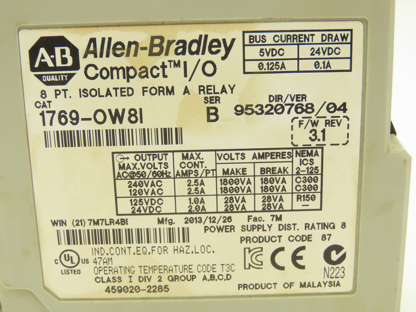 Allen Bradley 1769-OW8I Relay Output Module I/O Ser B Rev 3.1 Ver 95320768/04
