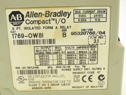 Allen Bradley 1769-OW8I Relay Output Module I/O Ser B Rev 3.1 Ver 95320768/04
