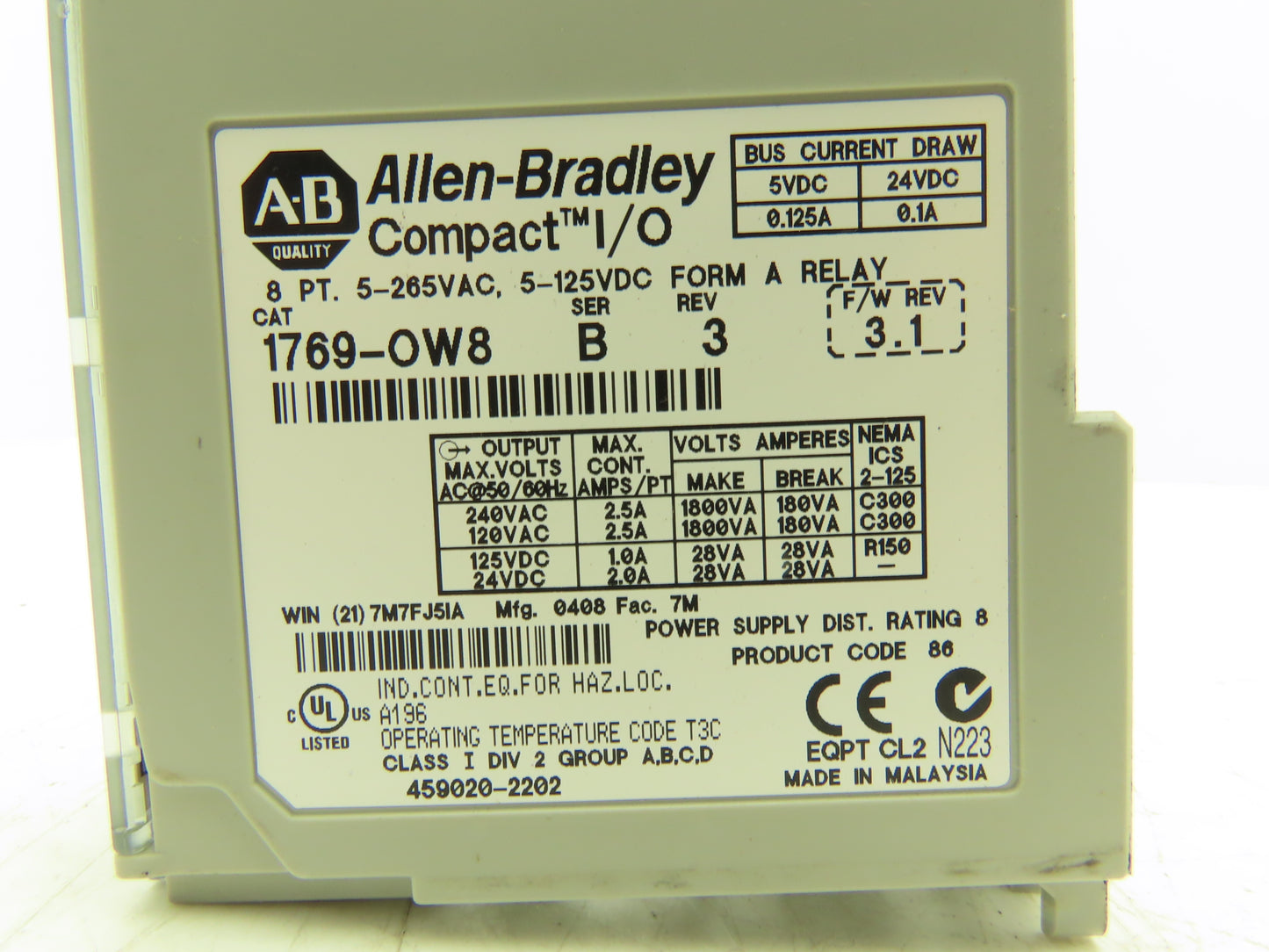 Allen Bradley 1769-OW8 8PT Compact I/O Modules Ser B Rev 3 F/W 3.1 Lot of 2