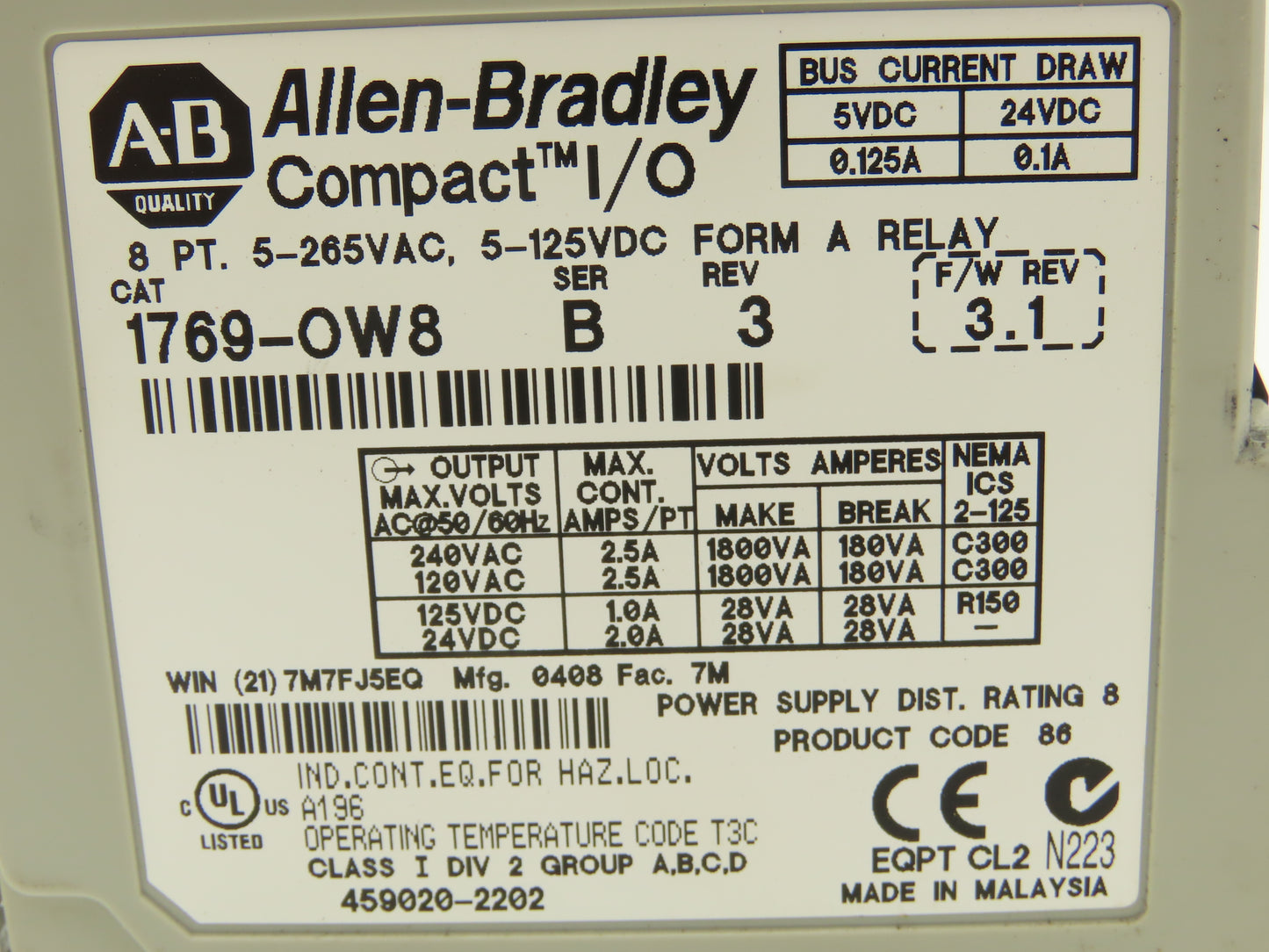 Allen Bradley 1769-OW8 8PT Compact I/O Modules Ser B Rev 3 F/W 3.1 Lot of 3