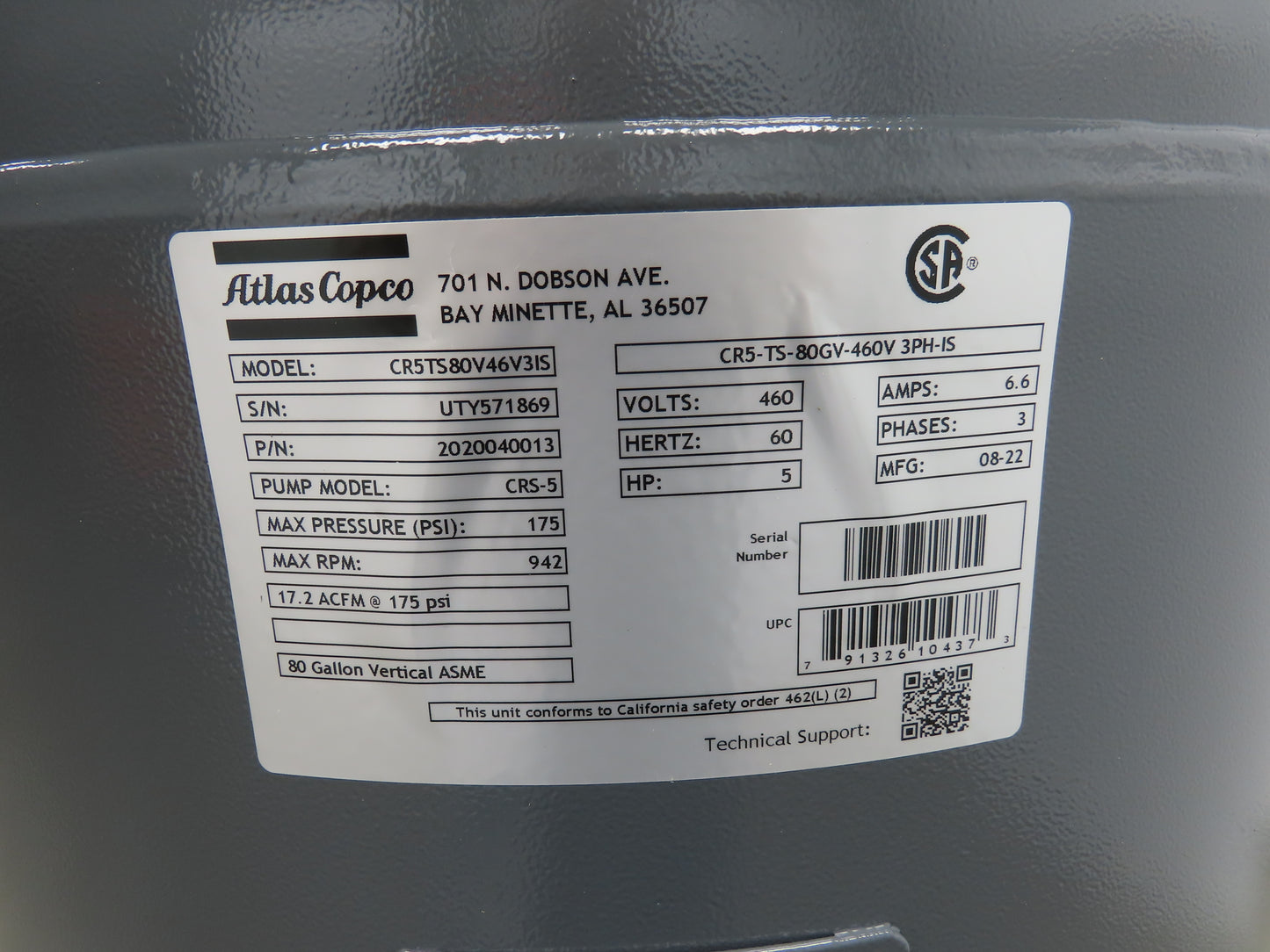 Atlas Copco CR5 Reciprocating Air Compressor 17CFM 5HP 460V 3Ph 80 Gal