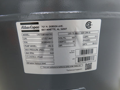 Atlas Copco CR5 Reciprocating Air Compressor 17CFM 5HP 460V 3Ph 80 Gal