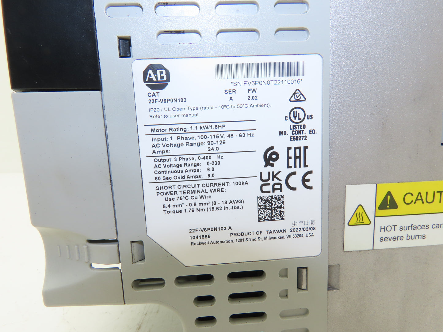 Allen Bradley 22F-V6P0N103 PowerFlex 4M AC Drive 1.1kW/1.5Hp Ser A FW 2.02