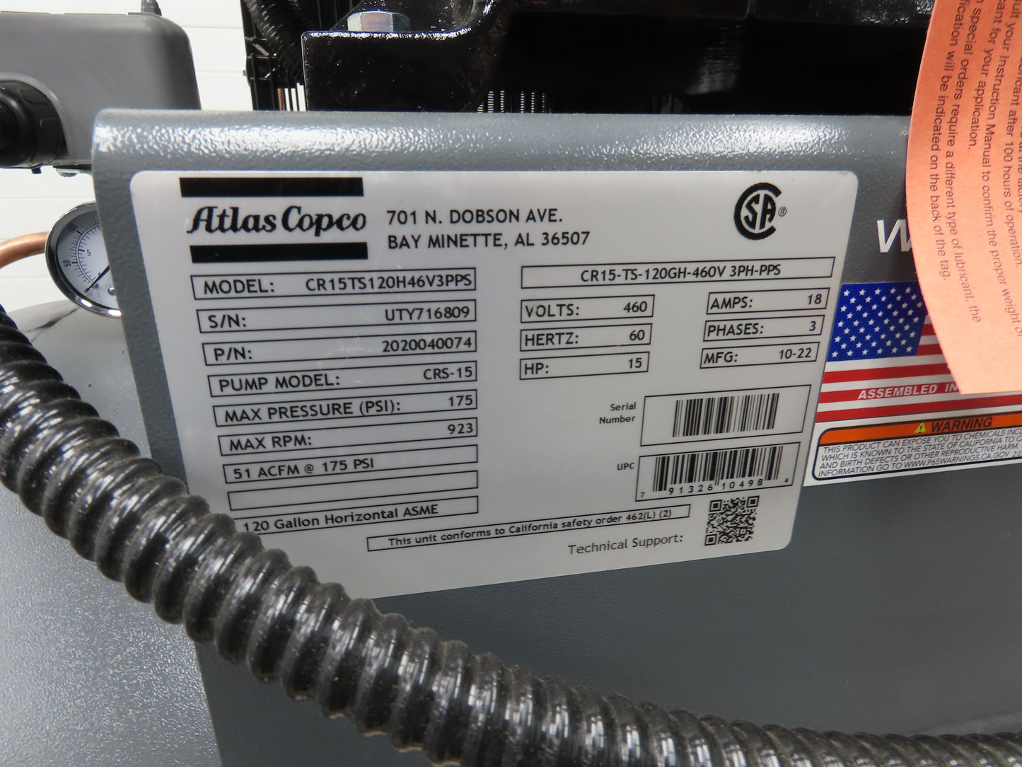 Atlas Copco CR15 Reciprocating Duplex Air Compressor 51CFM 15HP 460V 3Ph 120 Gal