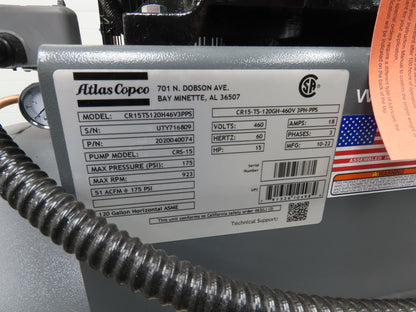 Atlas Copco CR15 Reciprocating Duplex Air Compressor 51CFM 15HP 460V 3Ph 120 Gal