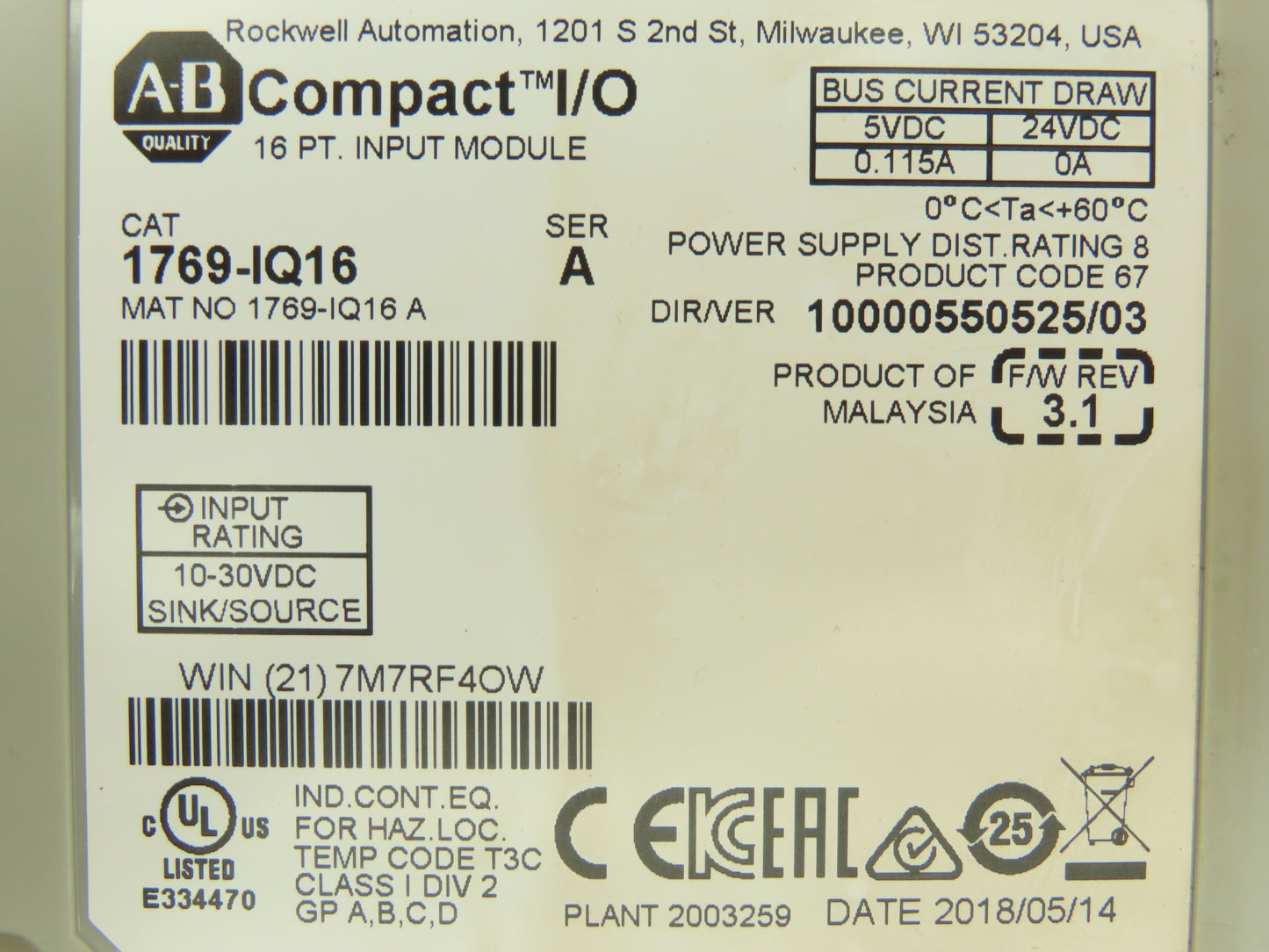 Allen Bradley 1769-IQ16 DC I/O Modules 16-Point 24VDC Ser A Mixed Lot of 6 READ