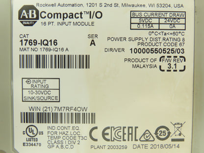 Allen Bradley 1769-IQ16 DC I/O Modules 16-Point 24VDC Ser A Mixed Lot of 6 READ