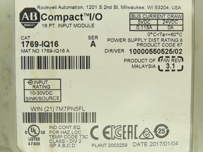 Allen Bradley 1769-IQ16 DC I/O Modules 16-Point 24VDC Ser A Mixed Lot of 6 READ