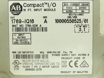 Allen Bradley 1769-IQ16 DC I/O Modules 16-Point 24VDC Ser A Mixed Lot of 6 READ