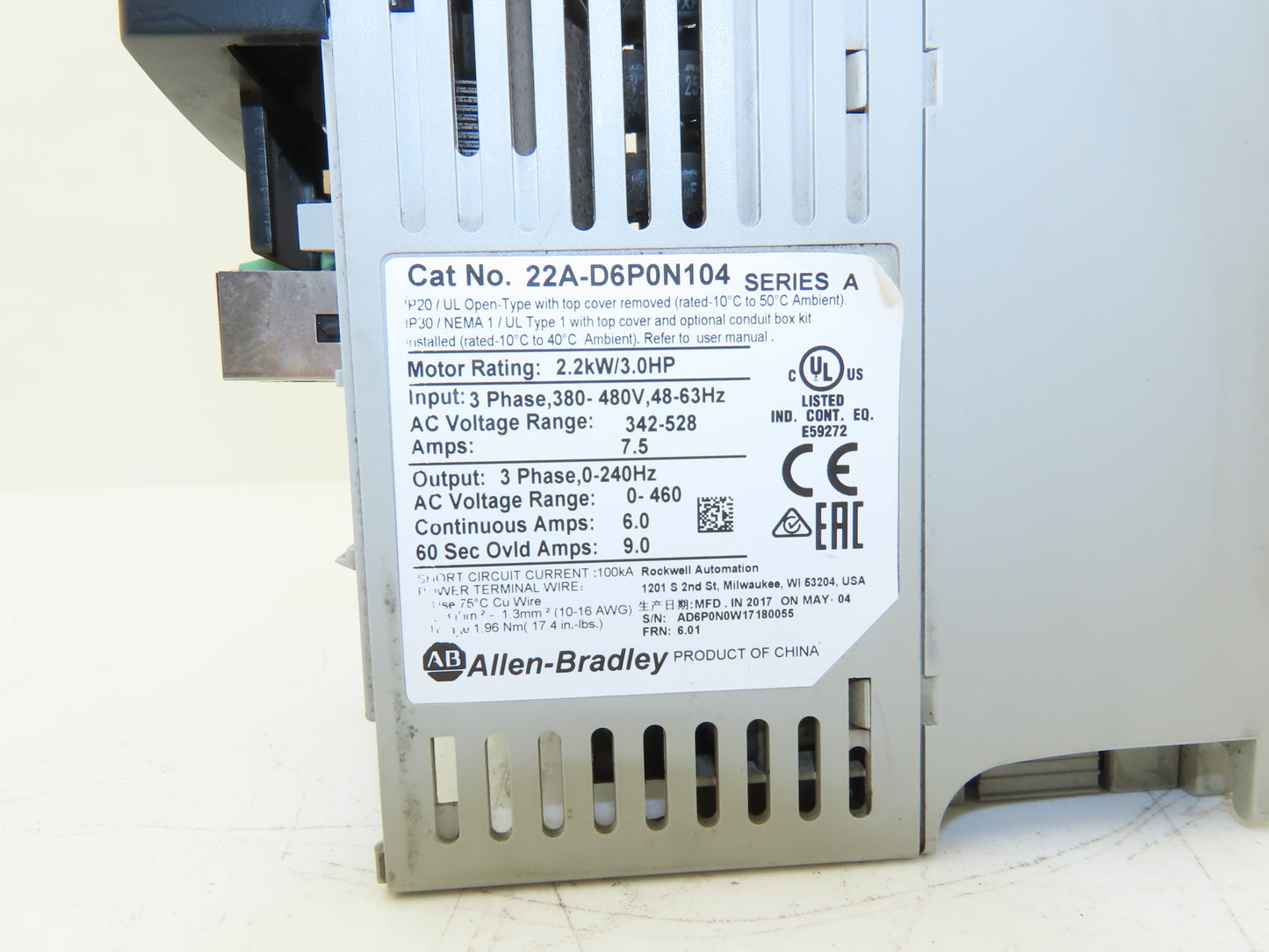 Allen Bradley 22A-D6P0N104 PowerFlex 4 AC Drive Variable Speed 3Hp 480V 3PH-READ