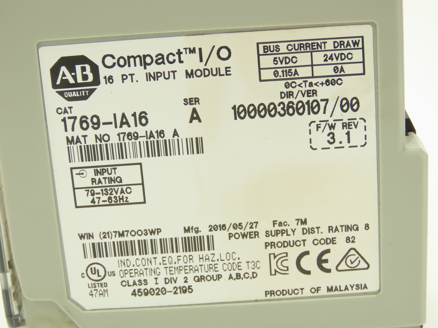 Allen Bradley 1769-IA16 Compact Logix I/O Input Module 16Pt Ser A FW 3.1