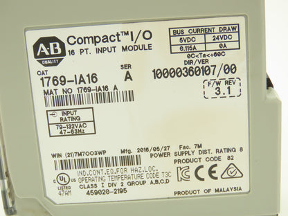 Allen Bradley 1769-IA16 Compact Logix I/O Input Module 16Pt Ser A FW 3.1