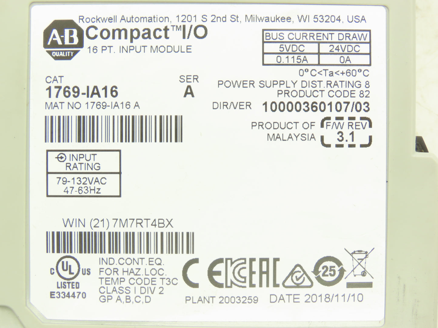 Allen Bradley 1769-IA16 Compact Logix I/O Input Module 16Pt Ser A FW 3.1