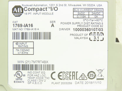 Allen Bradley 1769-IA16 Compact Logix I/O Input Module 16Pt Ser A FW 3.1