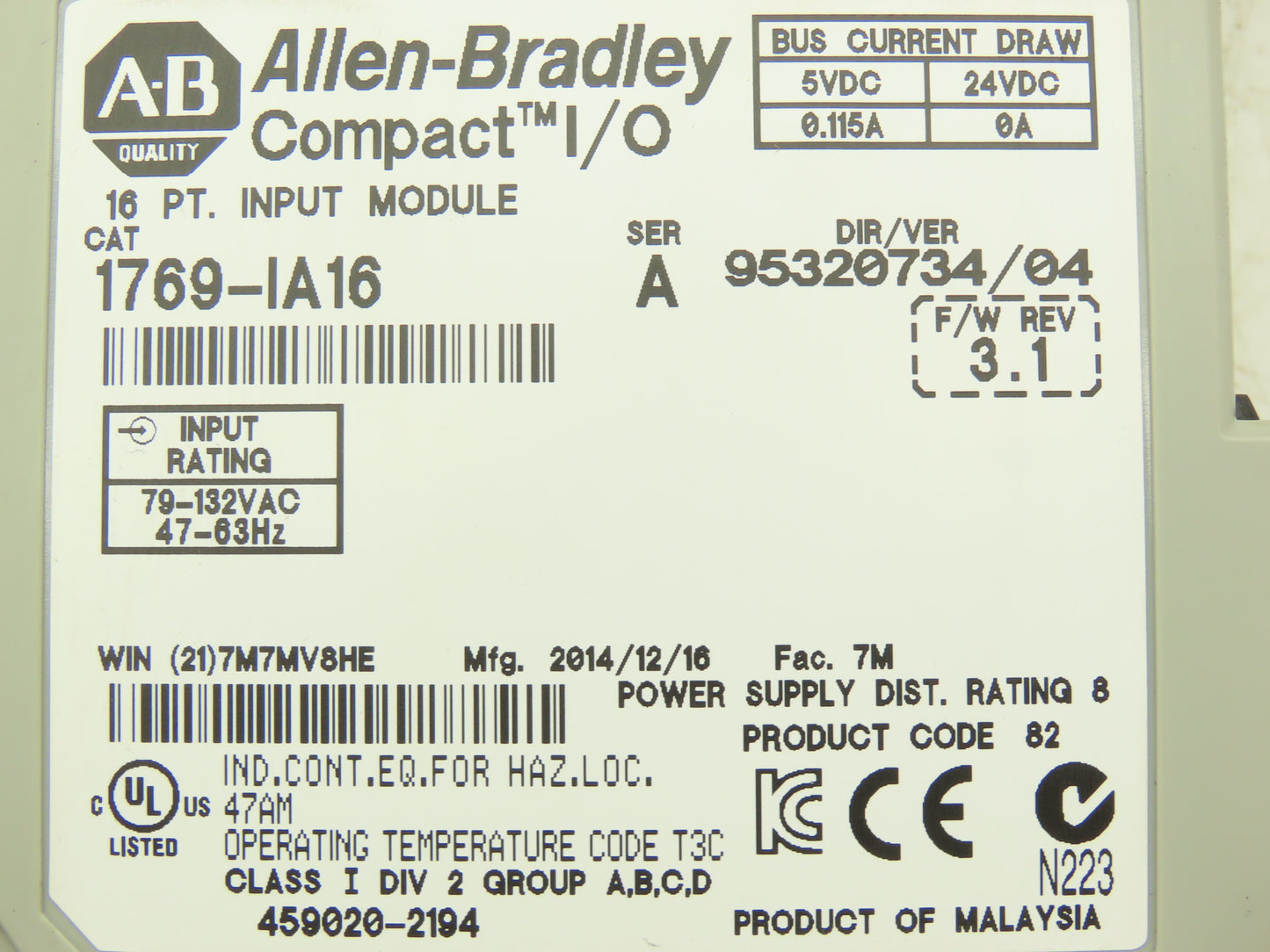 Allen Bradley 1769-IA16 Compact Logix I/O Input Module 16Pt Ser A FW 3.1