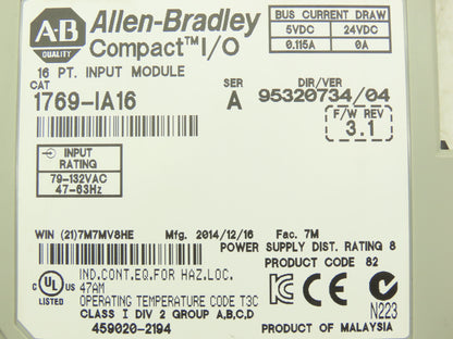 Allen Bradley 1769-IA16 Compact Logix I/O Input Module 16Pt Ser A FW 3.1
