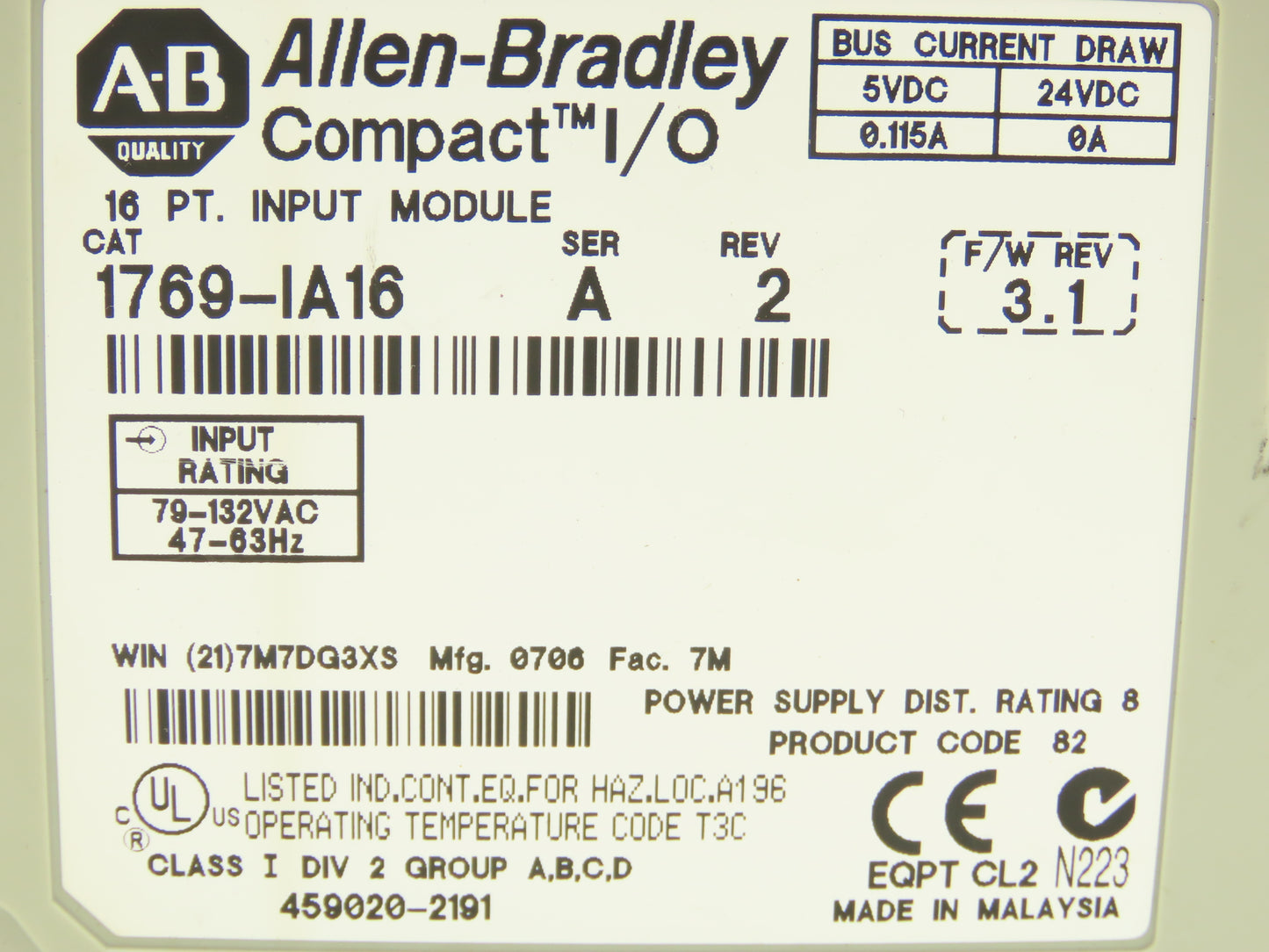 Allen Bradley 1769-IA16 Compact Logix I/O Input Module 16Pt Ser A Rev 2