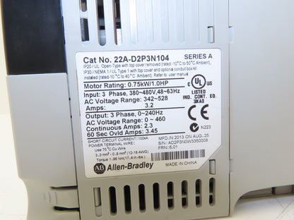 Allen Bradley 22A-D2P3N104 PowerFlex 4 AC Drive 1 Hp 460V 3PH VFD Variable Speed
