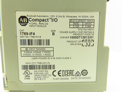 Allen Bradley 1769-IF4 Compact I/O Analog Input Module 24VDC Ser B FW 3.2