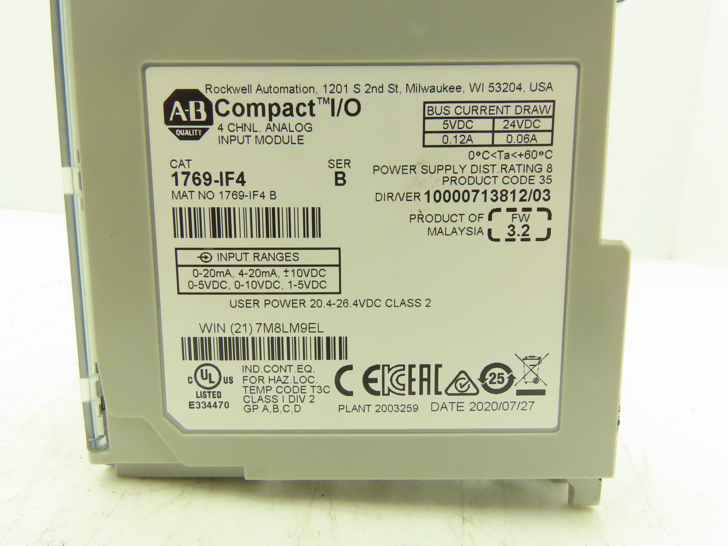 Allen Bradley 1769-IF4 Compact I/O Analog Input Module 24VDC Ser B FW 3.2