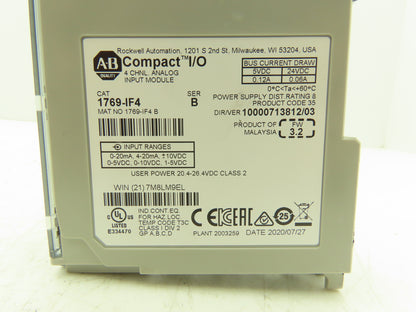 Allen Bradley 1769-IF4 Compact I/O Analog Input Module 24VDC Ser B FW 3.2