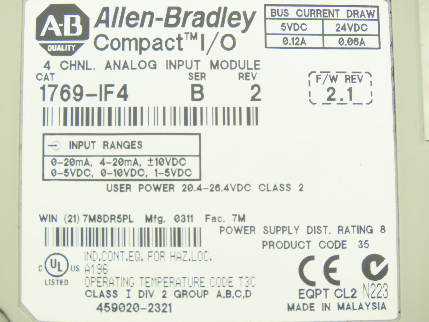Allen Bradley 1769-IF4 Compact I/O Analog Input Module 24VDC Ser B Rev 2 FW 2.1