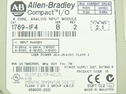 Allen Bradley 1769-IF4 Compact I/O Analog Input Module 24VDC Ser B Rev 2 FW 2.1