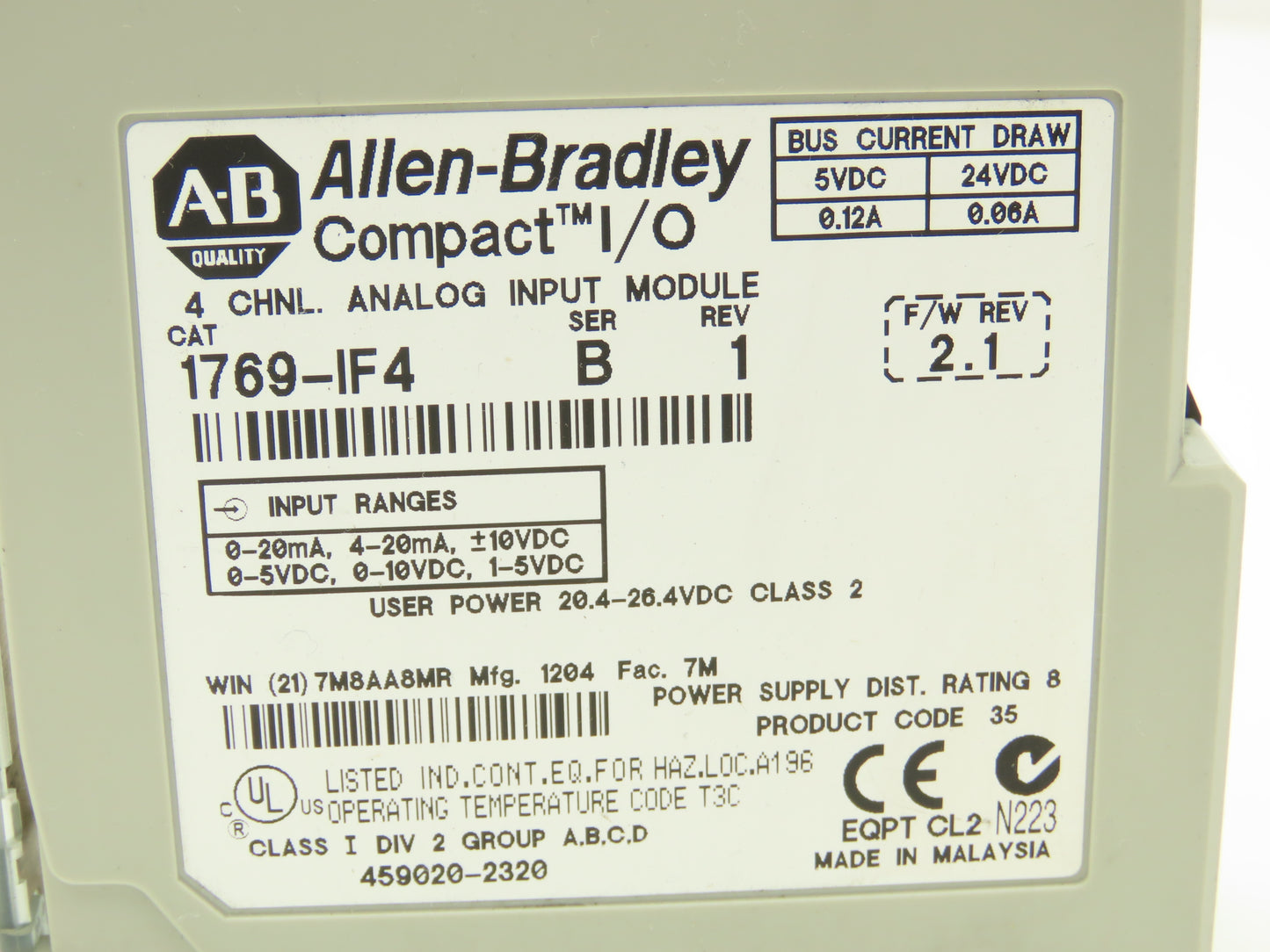 Allen Bradley 1769-IF4 Compact I/O Analog Input Module 24VDC Ser B Rev 1 FW 2.1