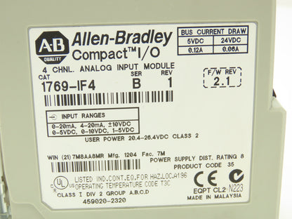 Allen Bradley 1769-IF4 Compact I/O Analog Input Module 24VDC Ser B Rev 1 FW 2.1