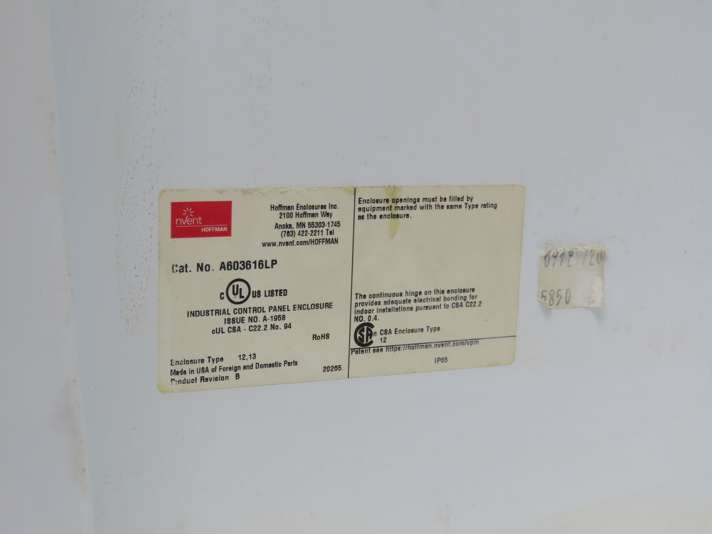 Hoffman A603616LP Electrical Enclosure Control Panel 60x36x16" NEMA 12 JIC