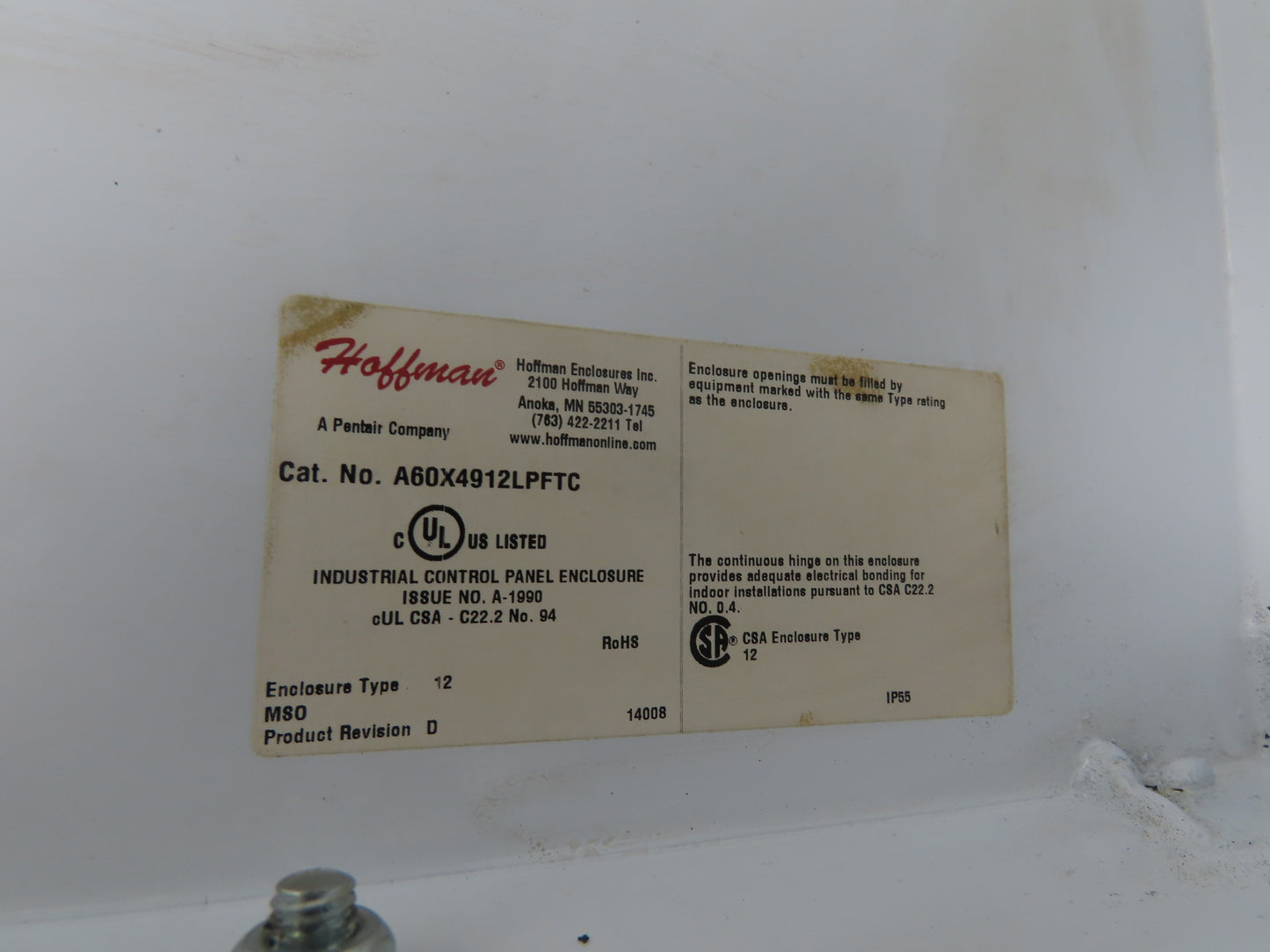 Hoffman Electrical Enclosure Control Panel 60x49x12" JIC 30A Breaker A60X4912