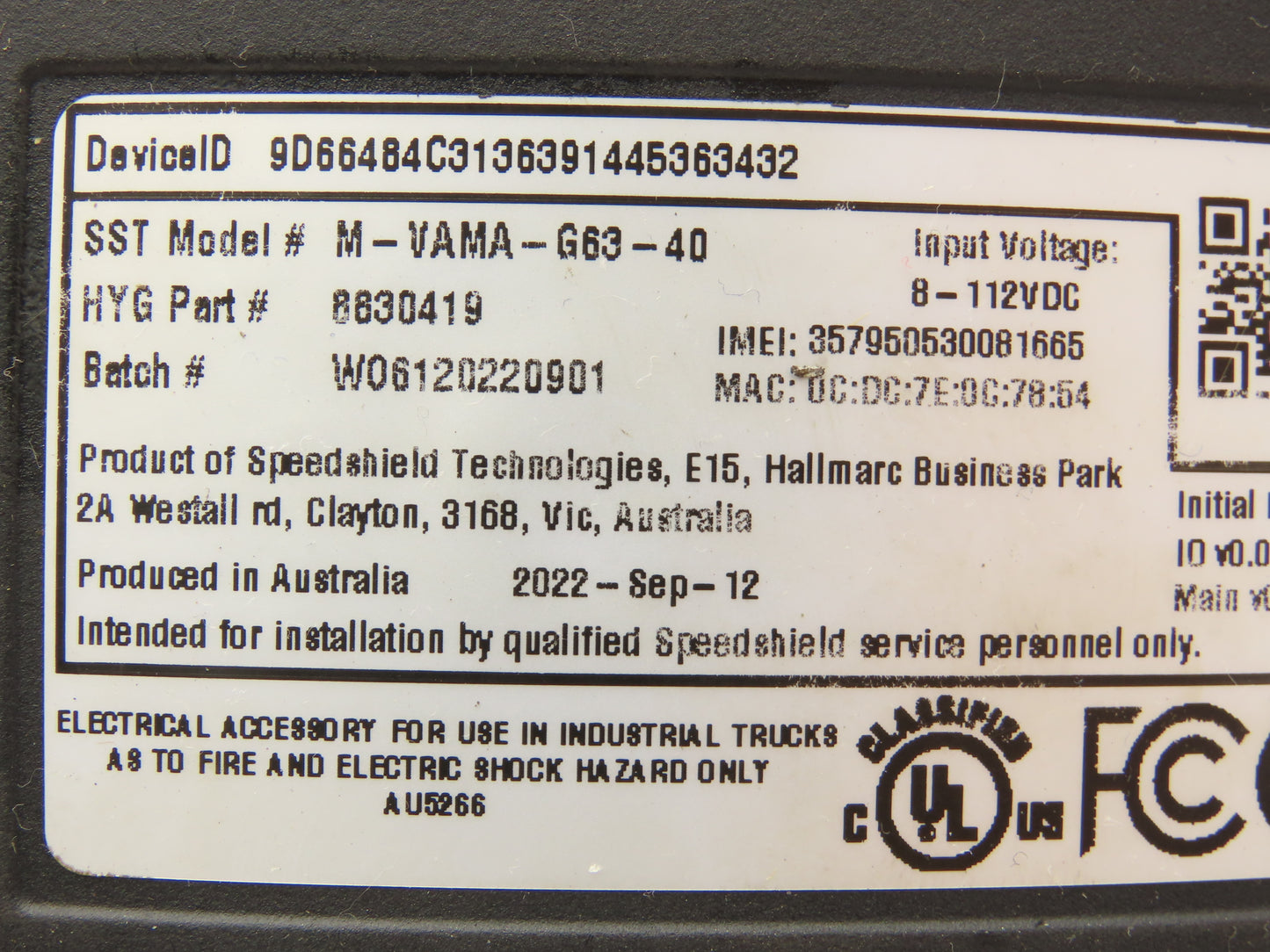 Speedshield M-VAMA-G63-40 Velocity Asset Manager Module Off Hyster E80XN