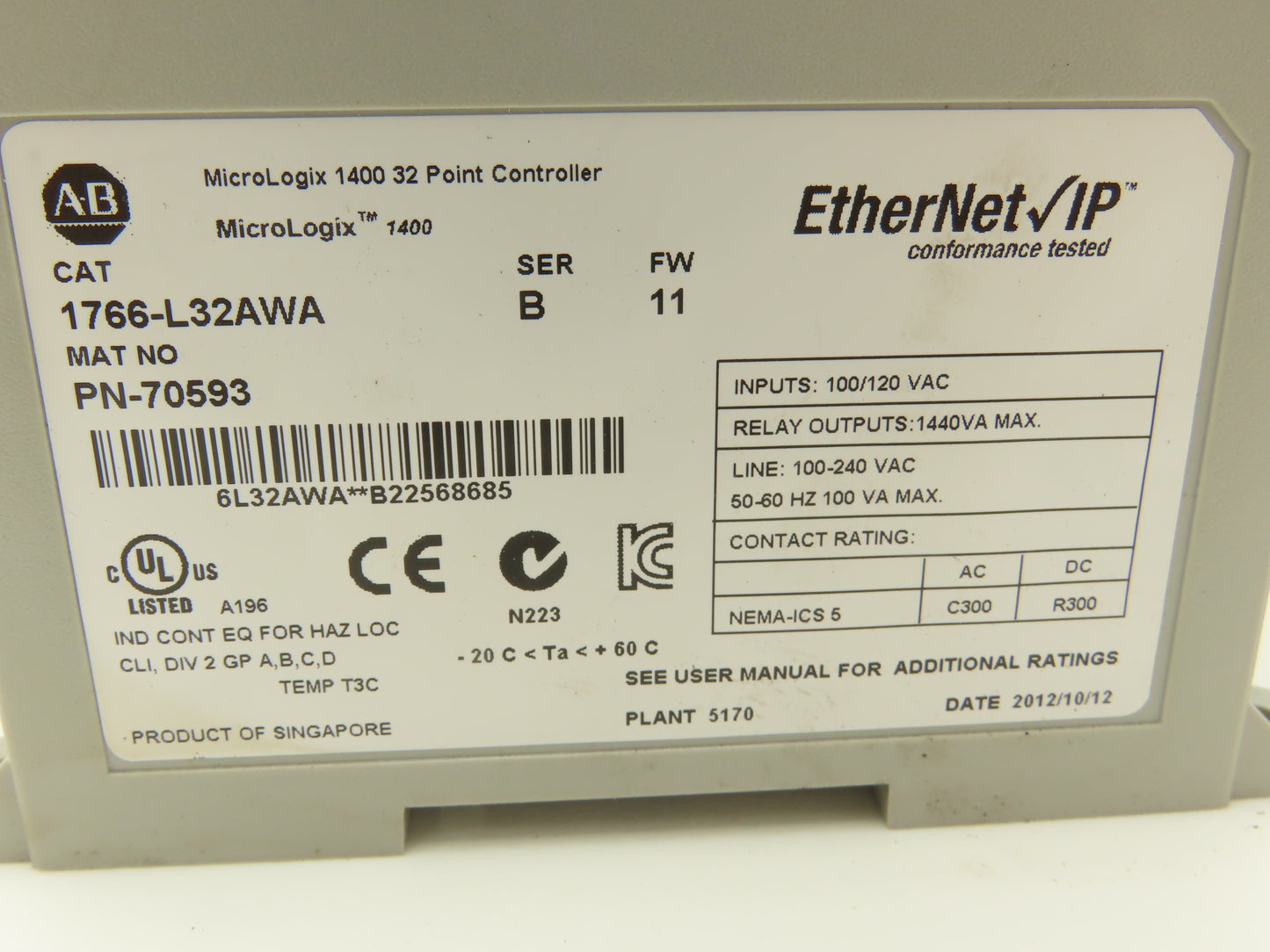 Allen Bradley 1766-L32AWA MicroLogix 1400 Controller Module 32 Point Ser B FW 11
