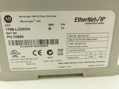 Allen Bradley 1766-L32AWA MicroLogix 1400 Controller Module 32 Point Ser B FW 11