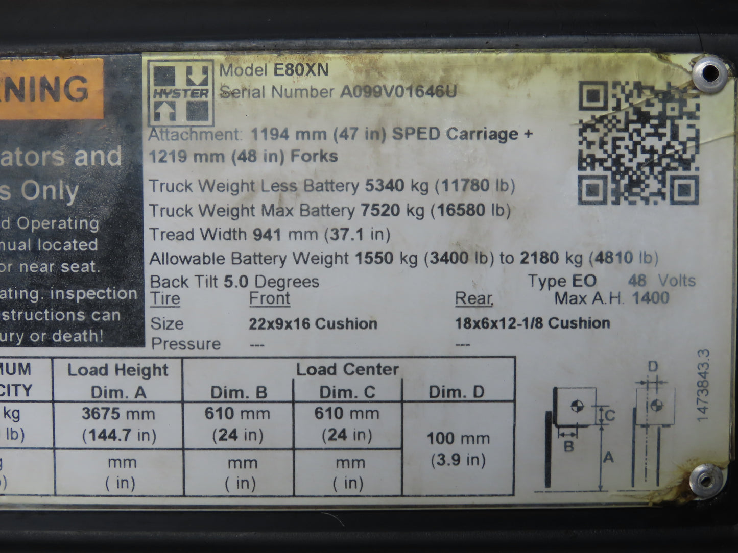 Parker ACP04AD008R57H Forklift Hydraulic Accumulator 900 PSI Off Hyster E80XN