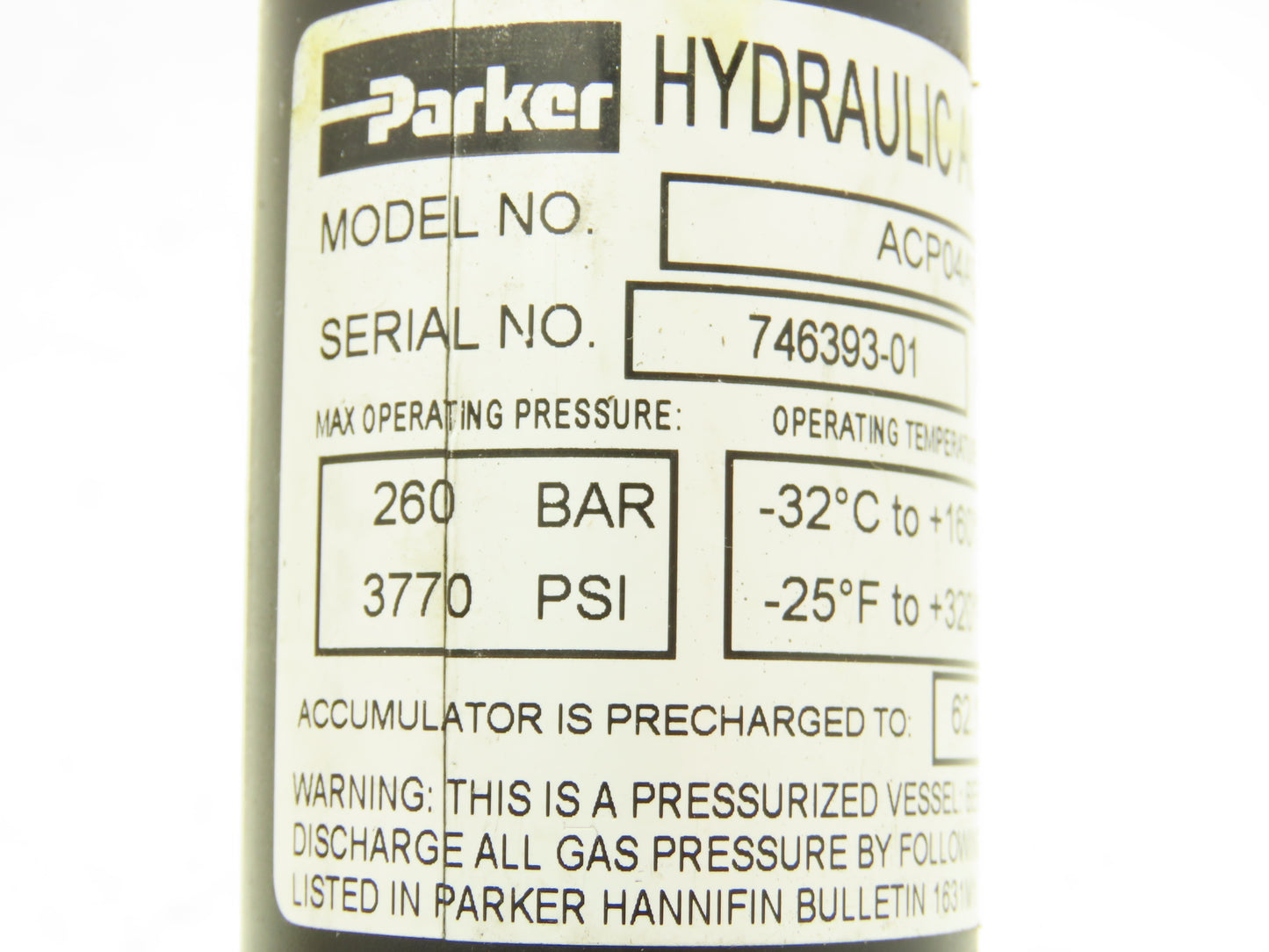 Parker ACP04AD008R57H Forklift Hydraulic Accumulator 900 PSI Off Hyster E80XN