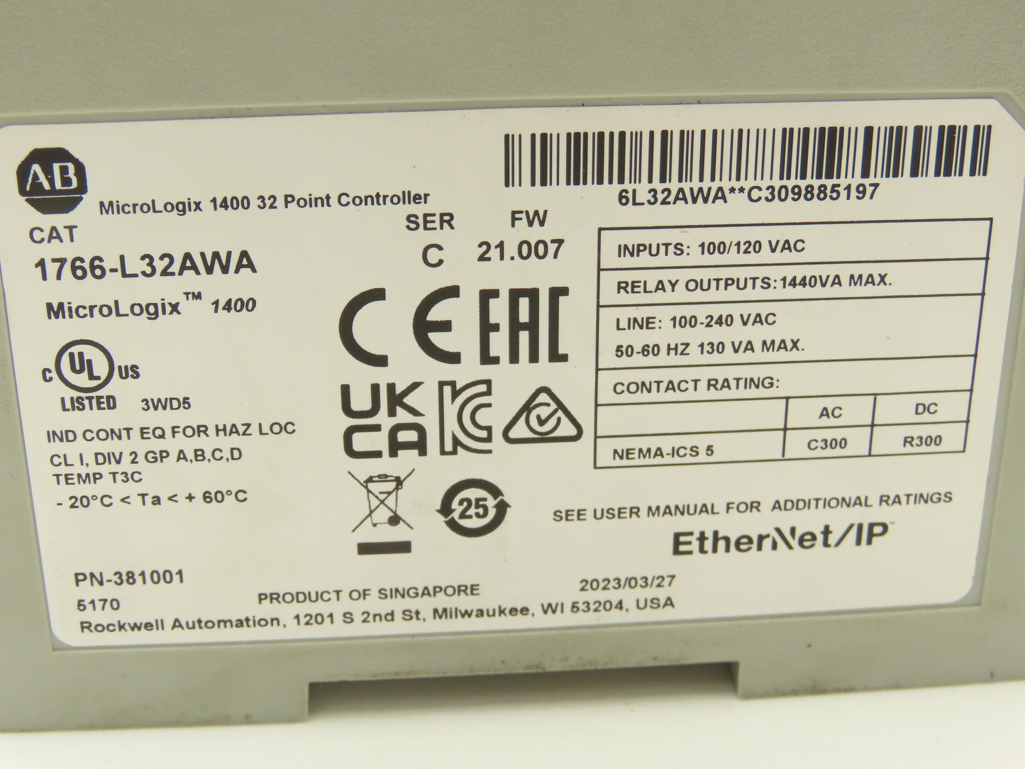 Allen Bradley 1766-L32AWA MicroLogix 1400 Controller Module 32Pt Series C. FW 21