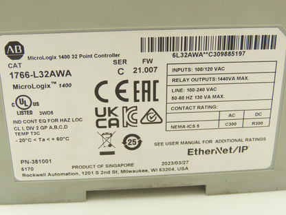 Allen Bradley 1766-L32AWA MicroLogix 1400 Controller Module 32Pt Series C. FW 21