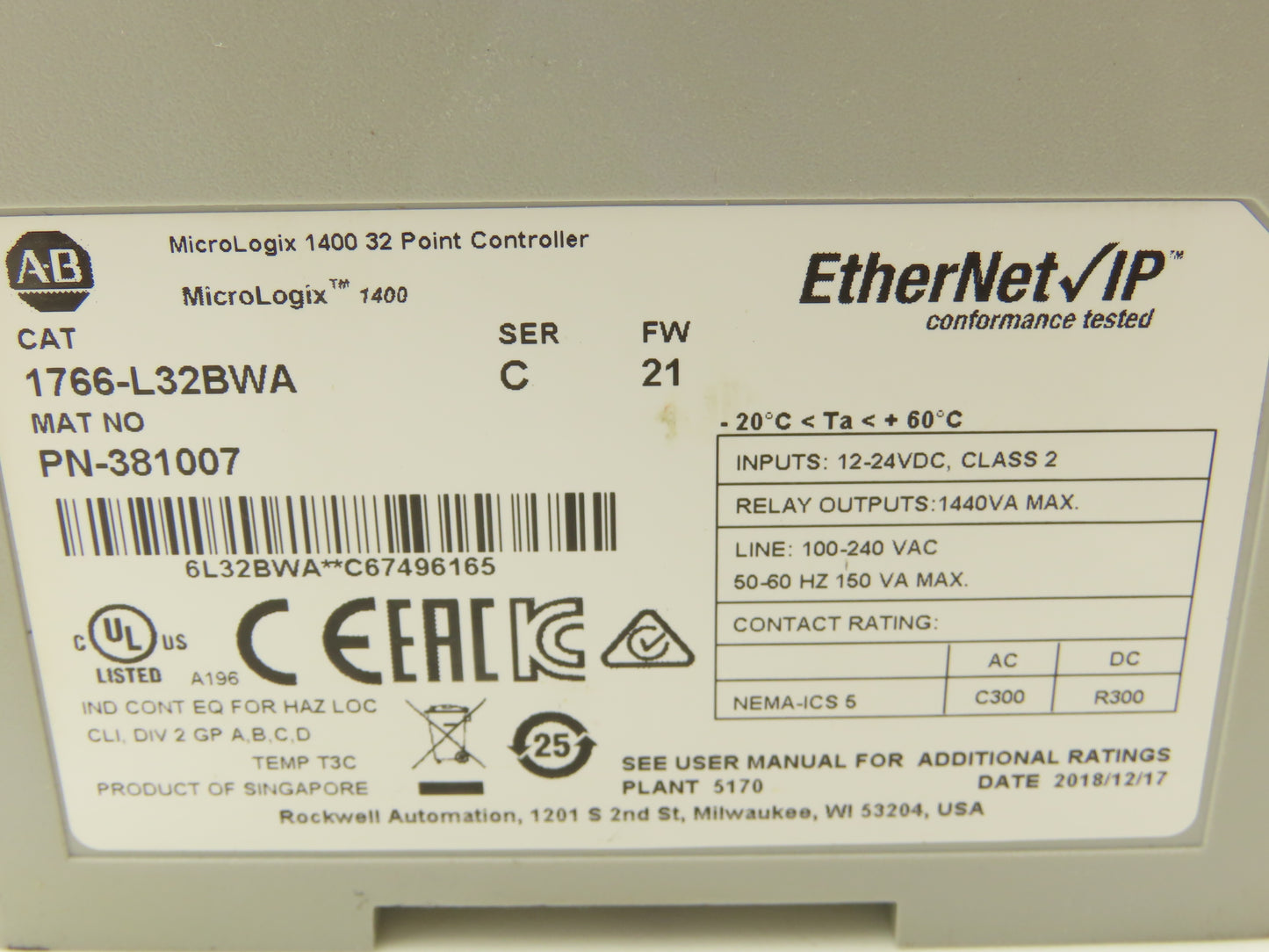 Allen Bradley 1766-L32BWA MicroLogix 1400 Controller Module 32 Point Ser C FW 21