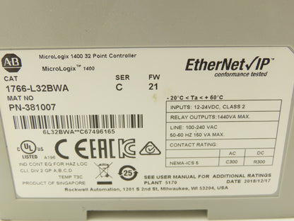 Allen Bradley 1766-L32BWA MicroLogix 1400 Controller Module 32 Point Ser C FW 21