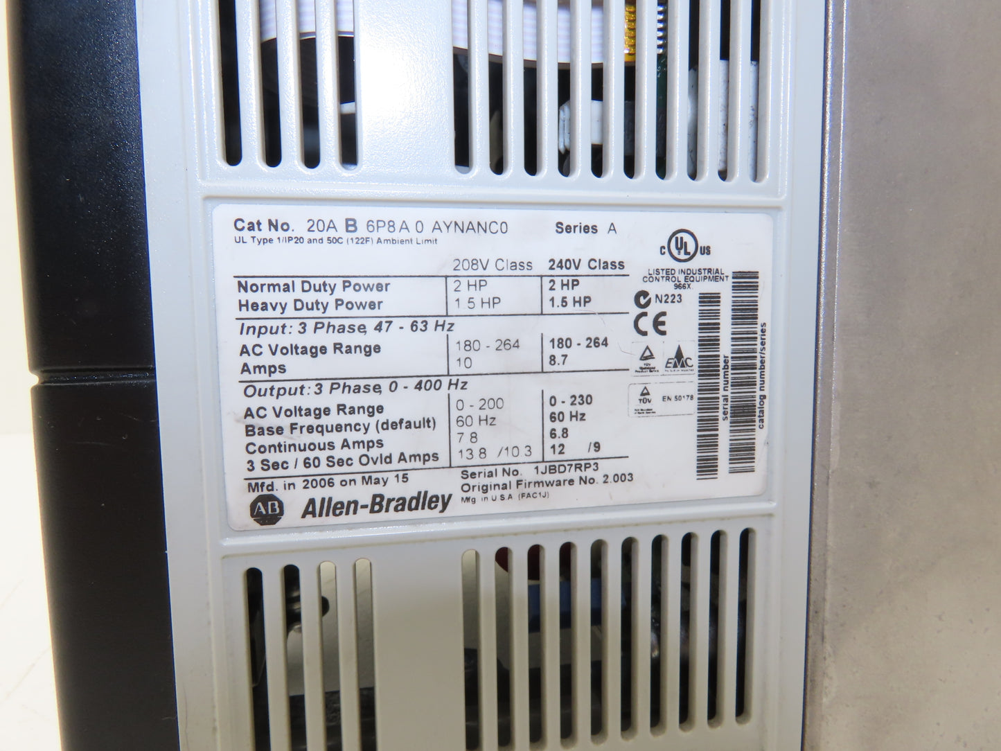 Allen Bradley 20AB6P8A0AYNANC0 PowerFlex 70 AC Drive 2Hp 240V 3PH Ser A FW 2.003