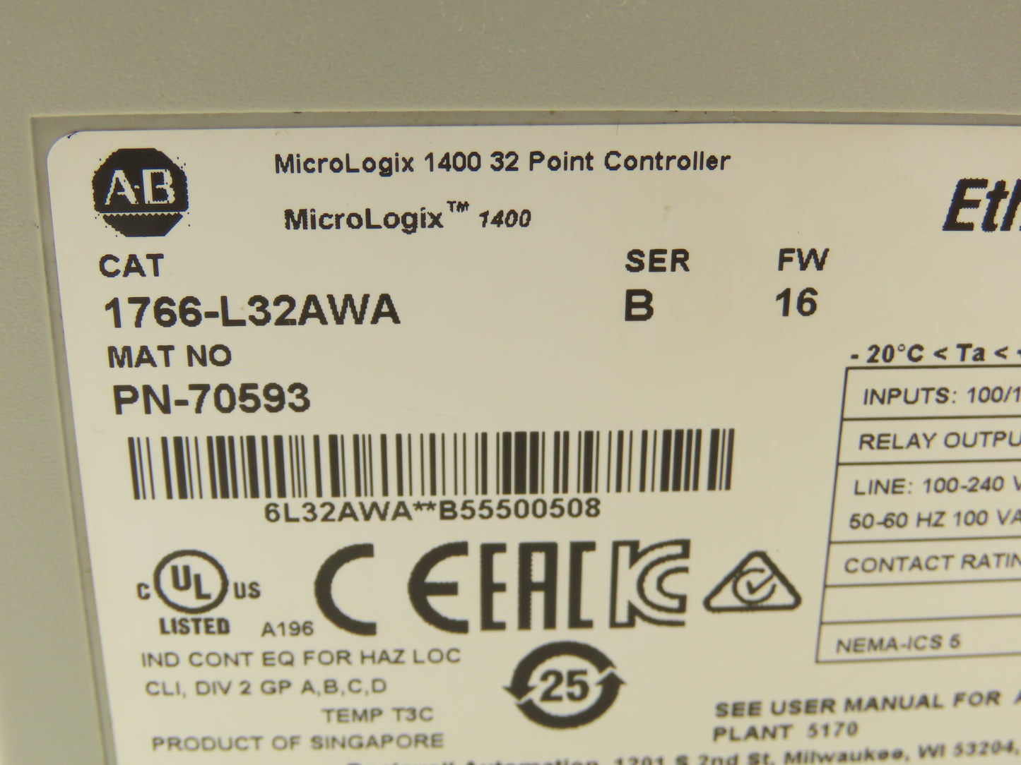 Allen Bradley 1766-L32AWA MicroLogix 1400 Controller Module 32Pt Series B FW 16