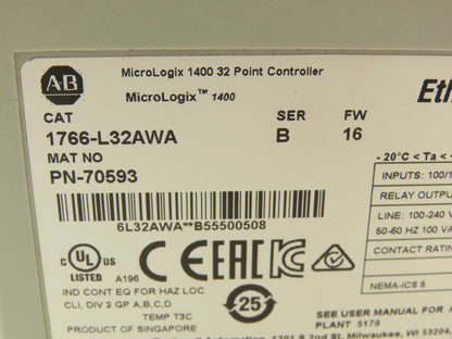 Allen Bradley 1766-L32AWA MicroLogix 1400 Controller Module 32Pt Series B FW 16