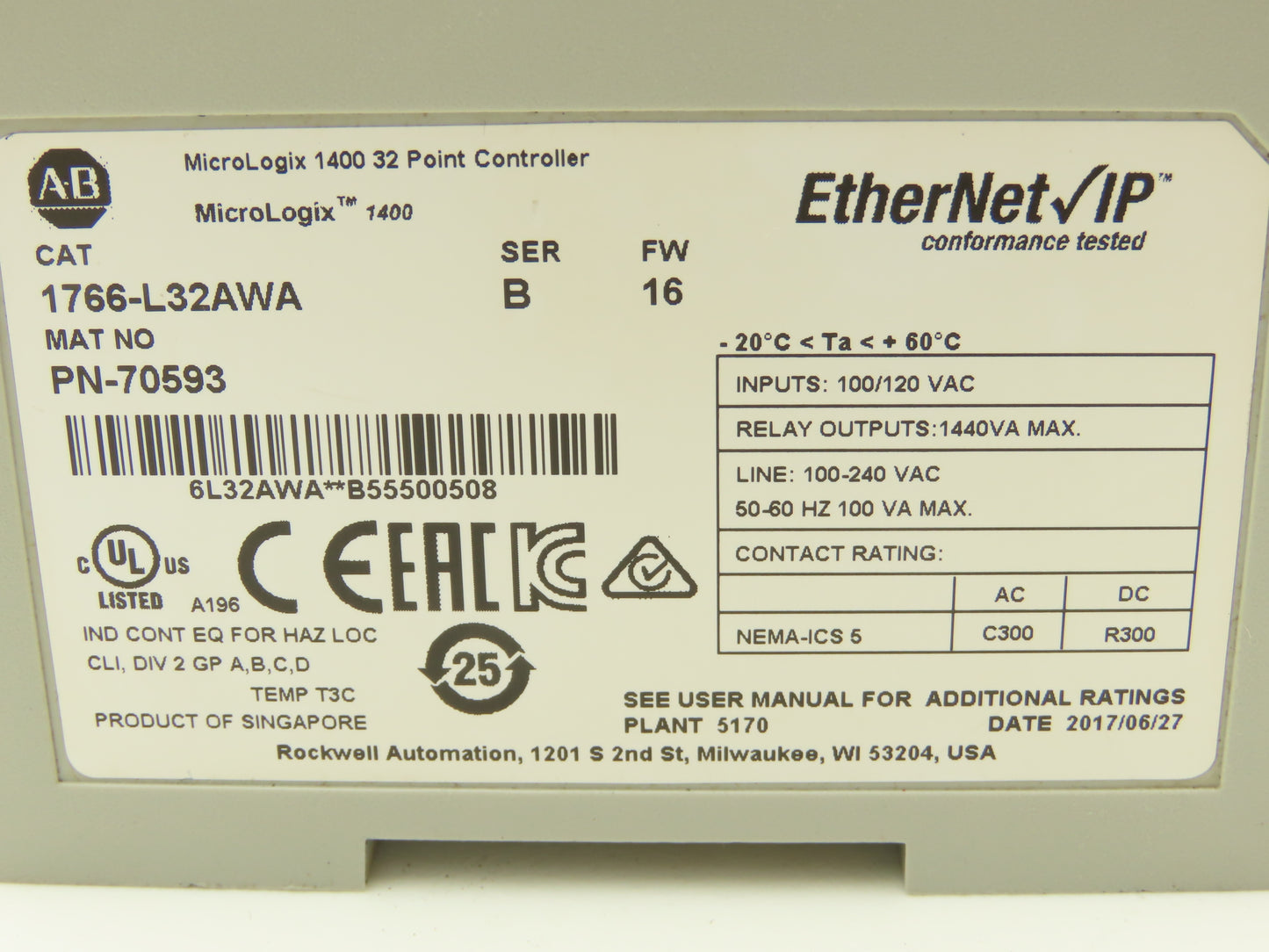 Allen Bradley 1766-L32AWA MicroLogix 1400 Controller Module 32Pt Series B FW 16