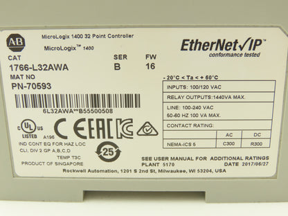 Allen Bradley 1766-L32AWA MicroLogix 1400 Controller Module 32Pt Series B FW 16