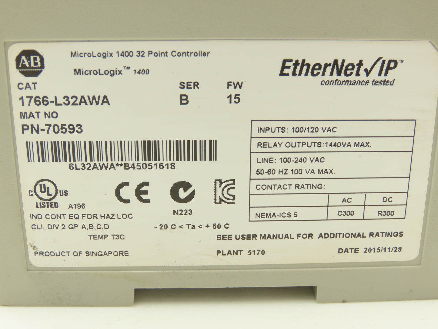 Allen Bradley 1766-L32AWA MicroLogix 1400 Controller Module 32Pt Series B FW 15